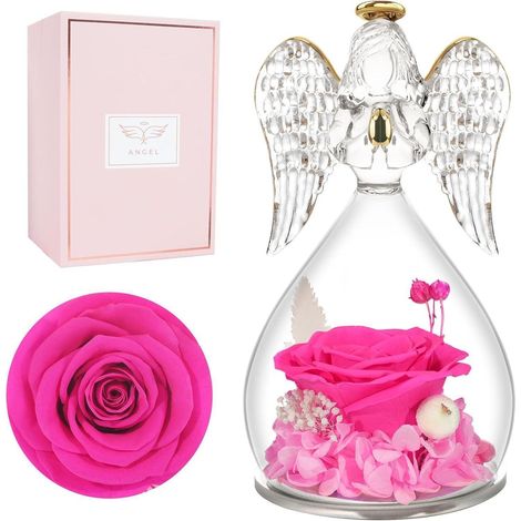 Engelfigur Ewige Rose Glaskuppel Schutzengel Geschenk Mutter Hotpink (1/5)