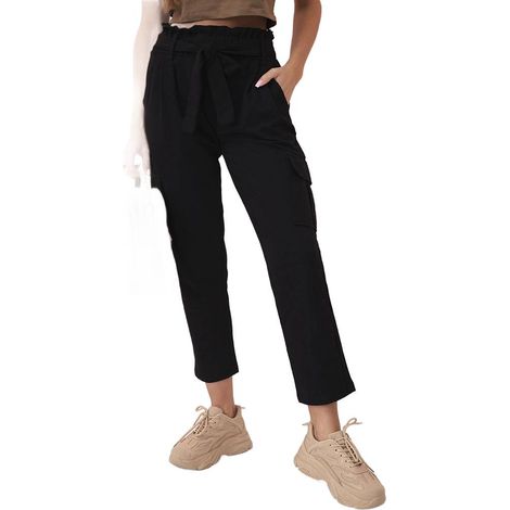 Pantalon cargo noir pour femme, avec ceinture à nouer et poches