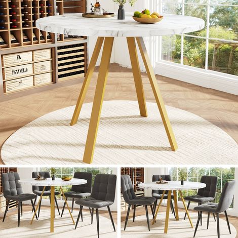 Table à manger ronde 80x80x75 cm blanche effet marbre avec pieds en métal doré, design moderne pour cuisine et salon, convient pour 4 personnes (1/5)