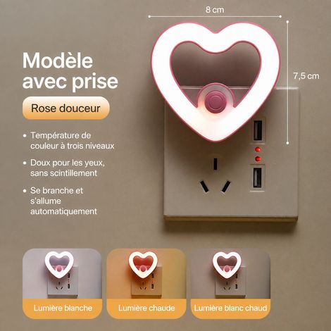 Veilleuse LED prise murale cœur rose multicolore avec interrupteur poussoir réf 4687 8 × 4,5 × 7,5 cm 46 g – Livraison gratuite