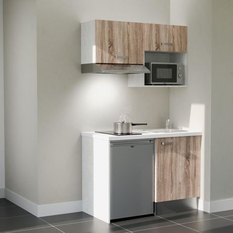 Kitchenette K02L-PT - 120 cm - plan stratifié, évier inox, - Façade Bois - Plan Blanc - Crédences Non + Electroménager inclus coloris Inox