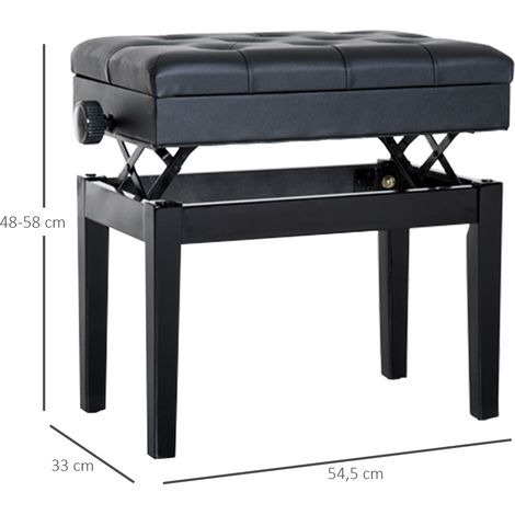 Klavierbank Höhenverstellbar Sitzbank mit Stauraum, Holzbeine, Klavierhocker aus Kunstleder, für Musikzimmer, belastbar bis 200 kg, 54,5 x 33 x 48-58 cm, Schwarz (1/5)