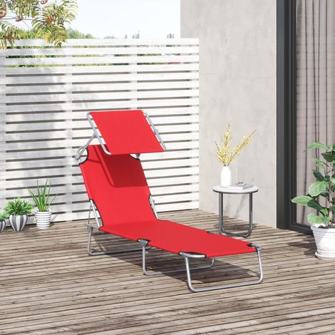Lettino prendisole pieghevole, comodo lettino pieghevole con schienale reclinabile in diverse posizioni e parasole regolabile, dimensioni: 187L x 58W x 36H cm, rosso