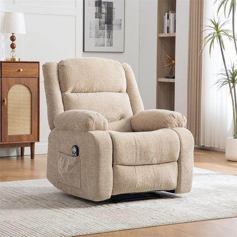 Fauteuil Relax Électrique - Aide au Levage, Massage Vibrant & Chaleur - Dossier Inclinable, Porte-Gobelets - Chenille Kaki Clair (1/5)