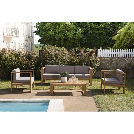 KIM - Salon de jardin bois teck avec canapé 3p. 2 fauteuils et 1 table basse (1/3)