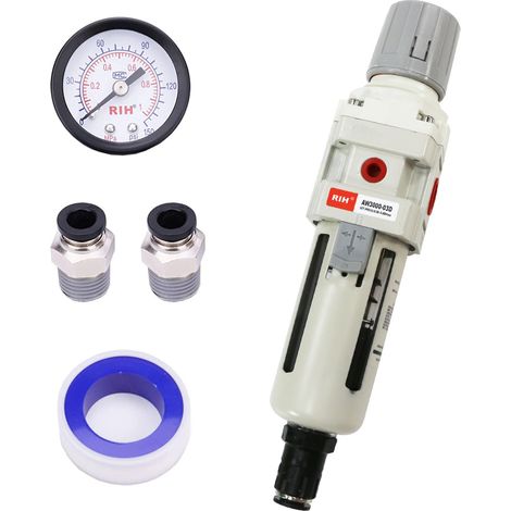 Filtre régulateur air comprimé 1/4" & 3/8" NPT, cartouche 5 µm laiton, coupelle polymère, purge semi/automatique, support métallique, manomètre 0‑150 psi, outil pneumatique (1/5)