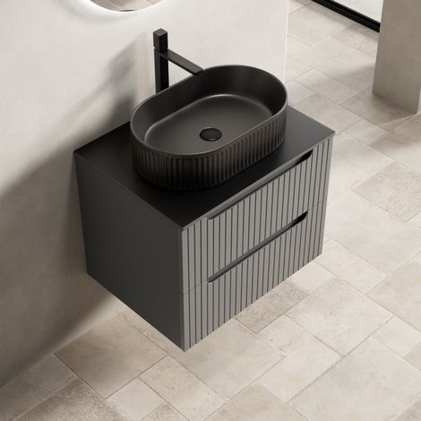 Meuble vasque suspendu 60 cm en bois noir, avec rangement pour salle de bain FloraGrace (1/5)