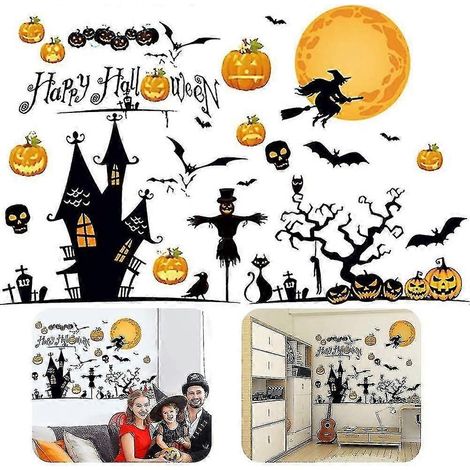 Stickers muraux d'Halloween, autocollants pour fenêtres, autocollants amovibles, chauves-souris, crânes et citrouilles pour la décoration des murs et fenêtres lors d'une fête d'Halloween. (1/5)