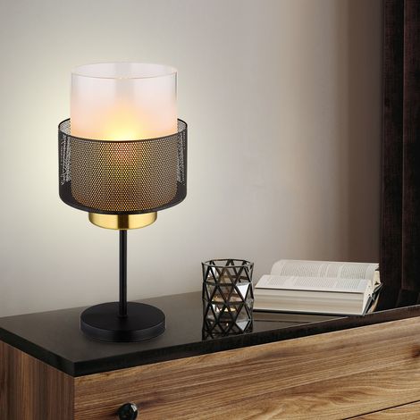 Tischleuchte Glasschirm satiniert Tischlampe Retro Beistellleuchte Gitter schwarz, gold, Metall, 1x E27 Fassung, DxH 18x40 cm