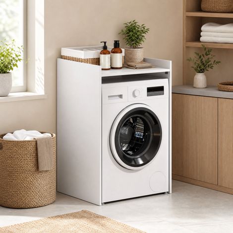 Meuble de salle de bain pour lave-linge moderne en bois blanc, gain de place avec niche basse et plateau 64 x 60 x 97,5 cm