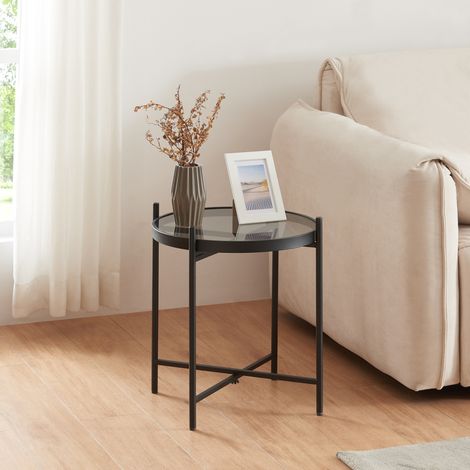 Mesa auxiliar Lier redonda cristal templado metal 46xØ42cm - Negro [en.casa]