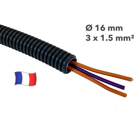 Gaine électrique préfilée 5 mètres diam 16 avec 3 fils Orange, Orange, Violet 1.5 mm² - PREFA ELEC (1/2)