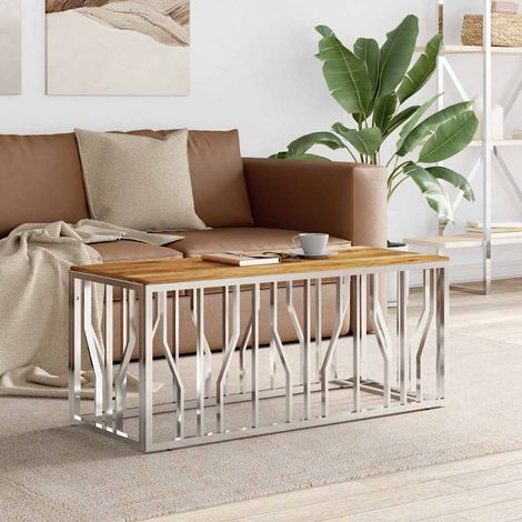 vidaXL Table basse argenté acier inoxydable et bois massif d'acacia (1/5)