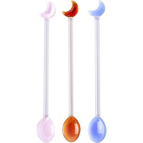Lot de 3 cuillères en verre en forme de lune, résistantes à la chaleur, pour café, glace, dessert, cocktail, milkshake et boissons froides - Style 1 (1/5)