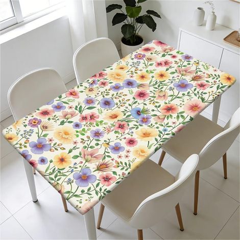 Housse de table élastique 120x80 cm, lavable, imperméable, motif fleurs sauvages