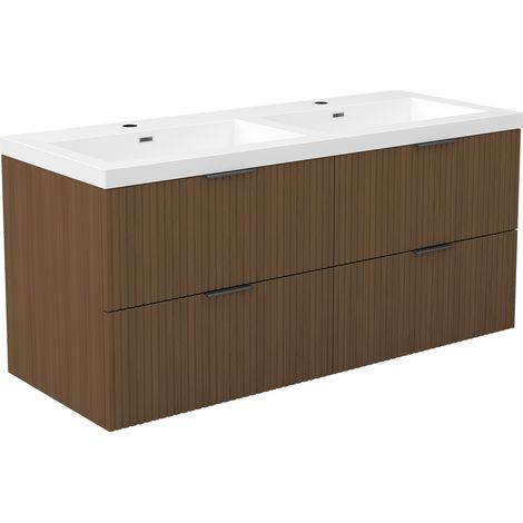 Acezanble Meuble de salle de bain mural 120 cm Noyer - 4 tiroirs, lavabo (jointless & résistant) (1/5)