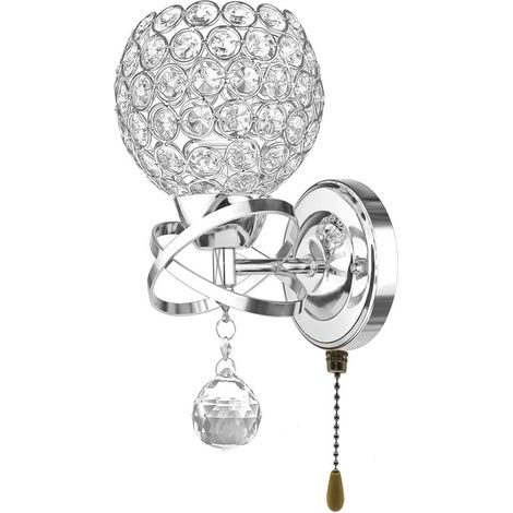 Modern Crystal Wall Light Pendent Lamp Chrome Finish Bedroom Sconce Éclairage avec interrupteur à cordon, E14 Socket (Sphérique) (1/5)