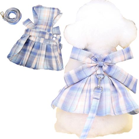 4 pièces Ensemble vêtements chien, robe carreaux, nœud papillon, harnais et laisse, pour petits chiens chats femelles, bleu (1/5)