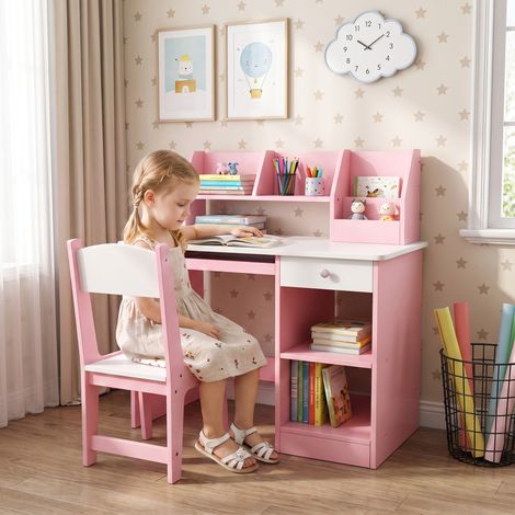 Bureau enfant chaise ergonomique clavier coulissant tiroir niches 90x45x90 rose pratique (1/5)
