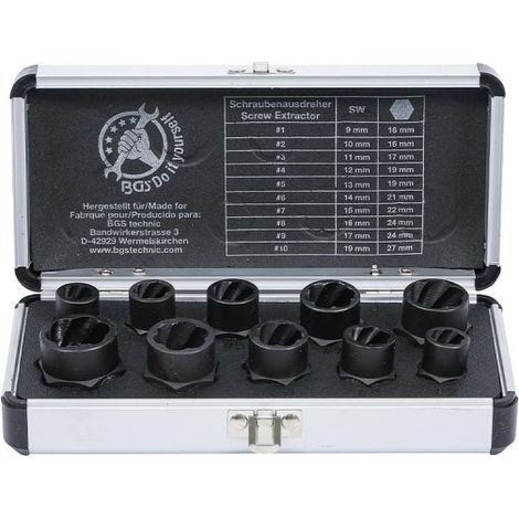 Juego de llaves de vaso de perfil en espiral/ extractores de tornillos 10 mm (3/8") 10 mm (3/8") perfil en espiral 9 - 19 mm 10 piezas