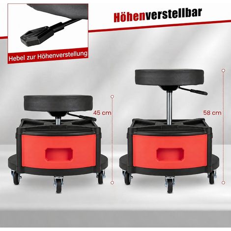 Tabouret d atelier rouge en similicuir avec siège réglable, plateaux à outils, 3 tiroirs et roues freinées pour garage et atelier (1/5)