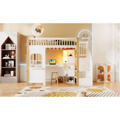Cama alta infantil con escritorio y almacenaje LED OKMYHOME (1/5)
