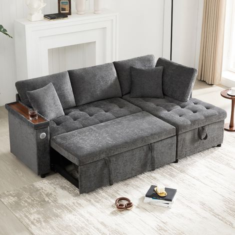 Schlafsofa Ecksofa in L-Form, ausziehbar, mit Stauraum, USB-Ladeanschluss, Dunkelgrau HAVRYA (1/5)