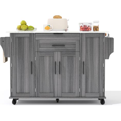 Îlot de cuisine mobile 120×45 cm, desserte avec plan de travail extensible jusqu’à 70 cm, tiroir à couverts dissimulé, étagères réglables, étagère à épices et porte-serviettes, pour cuisine