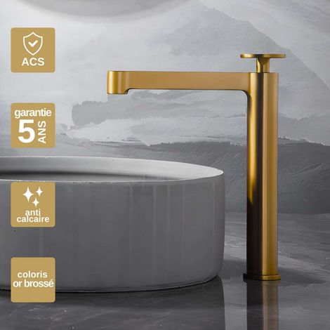 Robinet Mitigeur Lavabo Salle de Bain or brossé – Bec Haut Anti-Calcaire – Design Moderne - OLIMPO IMEX (1/5)