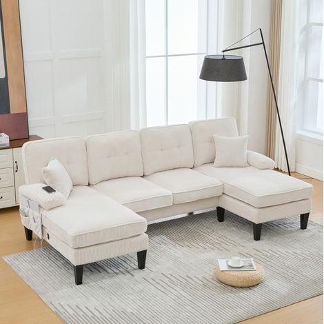 Canapé panoramique en U 250/130/88 cm beige en lin avec 2 méridiennes, USB et Type-C (1/5)