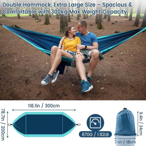 Amaca doppia - 300 x 200 cm - Amaca pieghevole - Portata massima: 300 kg - Ultraleggera e portatile - Amaca da esterno - Ideale per campeggio, giardino, viaggi e balcone - Taglia XXL - Blu (1/5)