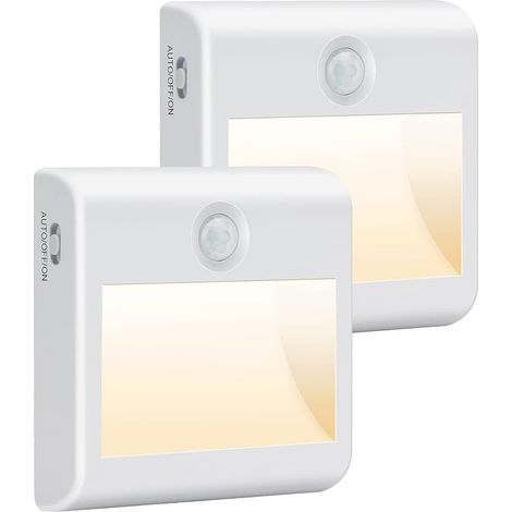 Veilleuse LED Pile [Lot de 2], avec Détecteur Mouvement, AUTO/ON/OFF, Enfant 4000K Blanc Natural, Lampe Placard Adhésive pour Couloir, Escalier, Cuisine, Penderie, Armoire, (LD064-WH) (1/5)