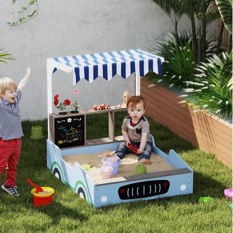 Arenero infantil de imitación con toldo, banco y pizarra, madera azul, 108 x 90 x 104 cm (1/5)