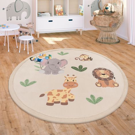 Paco Home Teppich Kinderzimmer Spielmatte Waschbar Rutschfest Regenbogen Planet Tiere Soft Beige, 160 cm Rund (1/4)