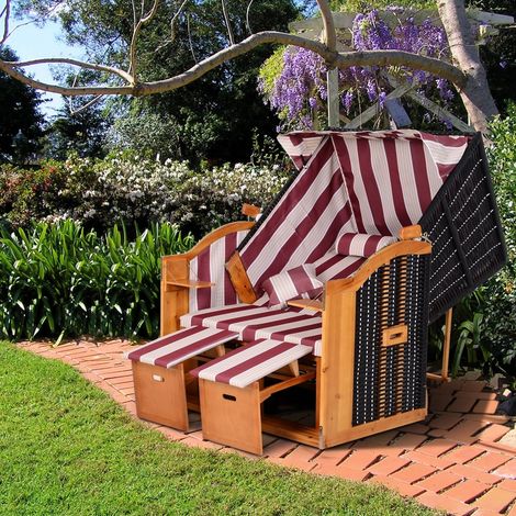Chaise longue de plage 2 places, inclinable, bois de sapin, dossier 5 positions, repose-pieds + tablettes latérales, résine PE tressée, balcon/jardin, rouge/blanc (1/4)