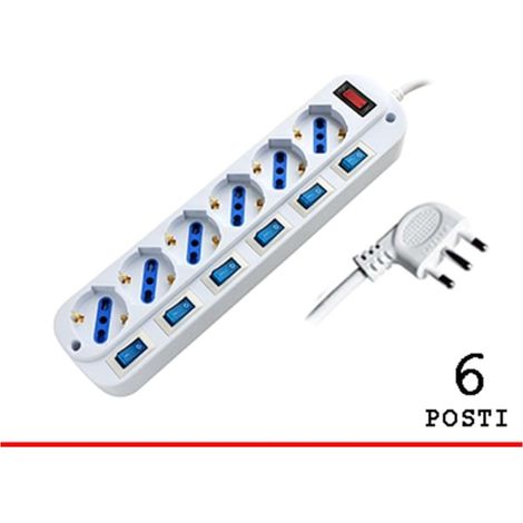 MULTIPRESA 6 POSTI PRESA BIPASSO/SCHUKO CON SPINA 16A CON INTERRUTTORI MULTIPLI (PEM203056A-W)