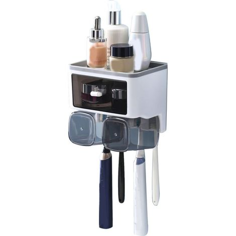 Étagère murale sans perçage pour brosses à dents, porte-gobelets pour bain de bouche, support de rangement pour toilettes, blanc, 2 gobelets (1/5)