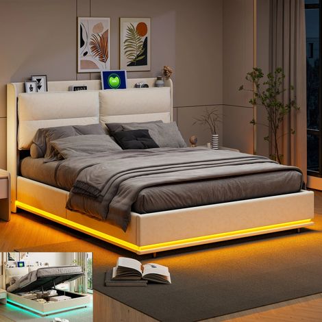 Lit coffre 160x200 cm,lit 160x200 avec sommier,lit double capitonné,lit deux place avec recharge sans fil,USB et LED,Velours Beige (1/5)