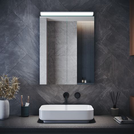 SIRHONA Armoires murales de salle de bain avec miroir lumineux 8K haute luminosité et charnières hydrauliques, double porte 520x650mm, acier inoxydable (1/5)