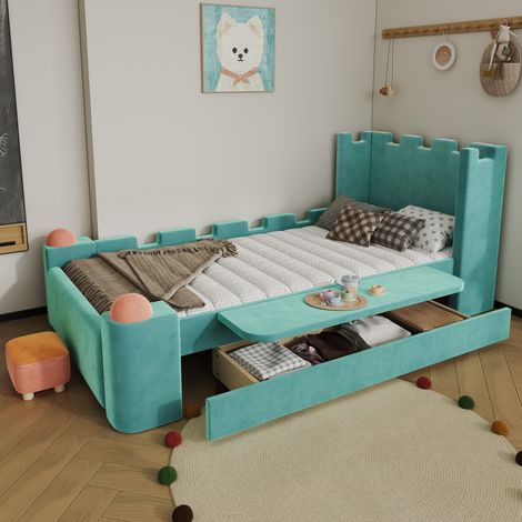 Letto singolo 90x200 cm blu verde in tessuto, con cassetto e ripiano pieghevole (1/5)