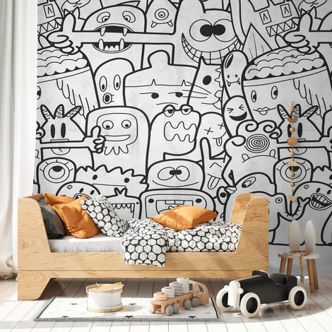 Fotomural Profhome 398261 papel pintado vinílico estampado en caliente tejido non tejido liso con dibujo infantil mate negro blanco 1,59 m x 2,8 m