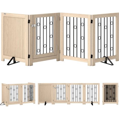 Barrière pour animaux 4 panneaux avec porte, pliable et autoportante, pour couloir, escalier et cadre de porte, bois et métal, 70 cm – CHICFURN (1/5)