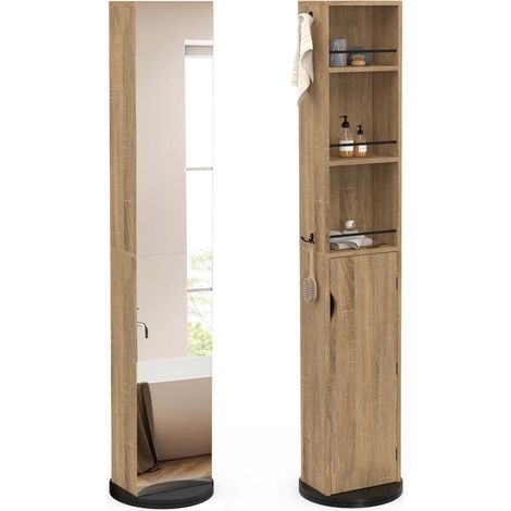 Badezimmermöbel drehbare Säule mit Spiegel, Schrank und Regalen Buche und schwarz ELIA (1/5)