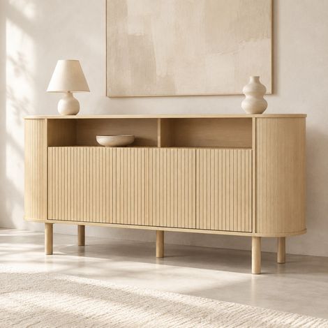 Credenza 160 x 40 x 78,5 cm con 3 ante ondulate, vano aperto, effetto legno naturale OKMYHOME (1/5)
