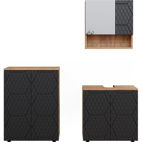 Conjunto de muebles de baño Irma, Rayas antracita, 3 piezas, con mueble bajo 60 cm, Vicco