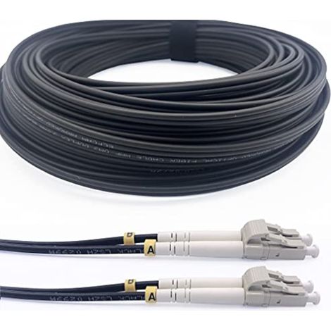 Elfcam - 60m Câble à Fibre Optique en Acier Blindé pour Extérieur et Intérieur LC/UPC à LC/UPC OM3 Multimode Duplex 50/125um Noir
