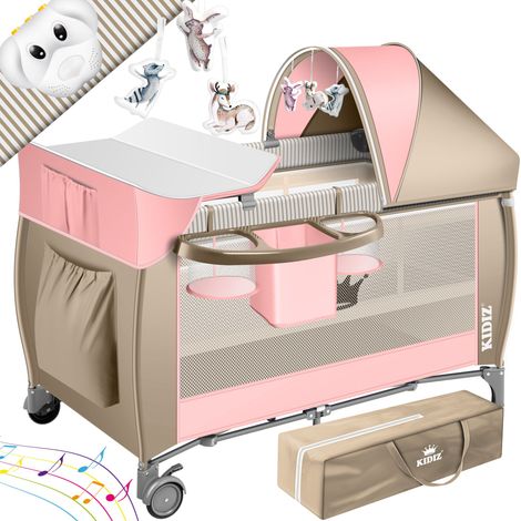 KIDIZ® lettino per bambini 3 in 1 set combinato lettino per bambini con fasciatoio zanzariera box per bambini dalla nascita fino a 15 kg pareti laterali ariose con ingresso laterale rosa / beige