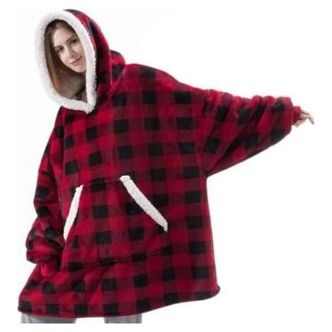 Plaid à Capuche Adulte Plaid Pull Couverture Canapé Polaire avec Manche Femme Homme avec Poches Portables TV Hiver 118x80 cm Rouge (1/4)