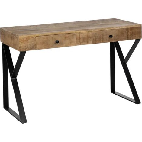 Bureau secrétaire bois manguier massif pieds métal noir 120 cm CELINOR (1/5)