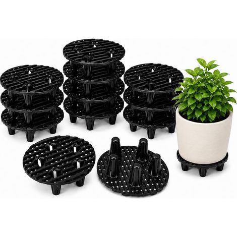 Lot de 12 Rehausseurs pour Plantes et Pots de Fleurs Noirs Plastique ajouré avec pieds surélevés pour aérer et drainer les pots convient à la maison, au balcon, au patio et au jardin (1/5)